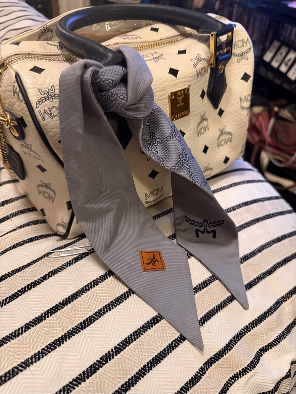 MCM Light Blue Monogram Scarf and Scrunchie Set with Gold Charm - Picture 7 of 7